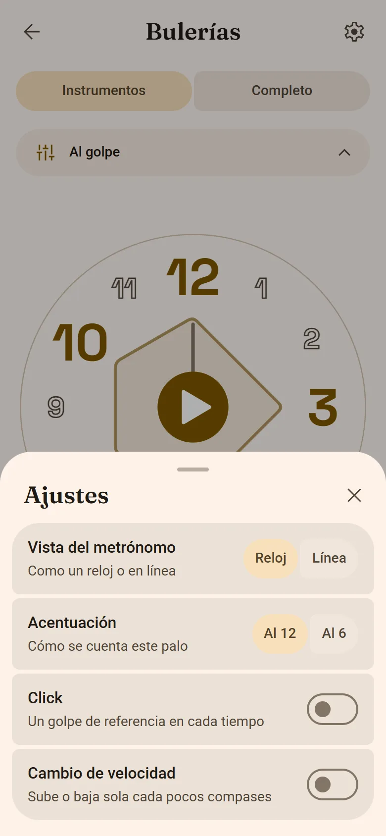 Los ajustes del metrónomo: vista, acentuación, click, redobles y cambio de velocidad