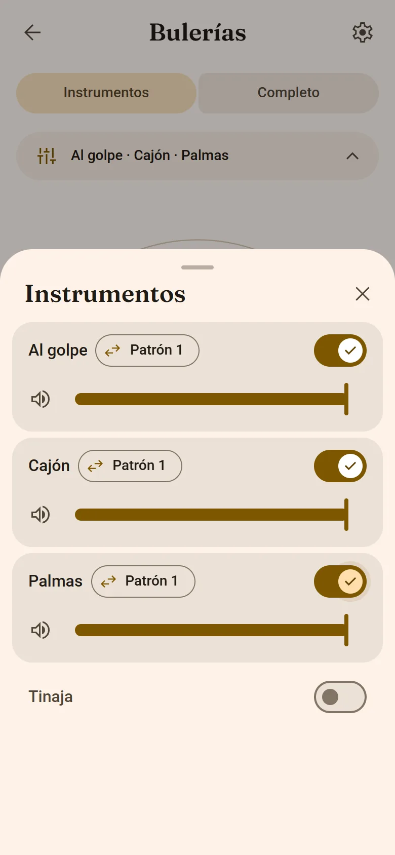 La hoja de instrumentos de la app, con cada instrumento, su patrón y su volumen