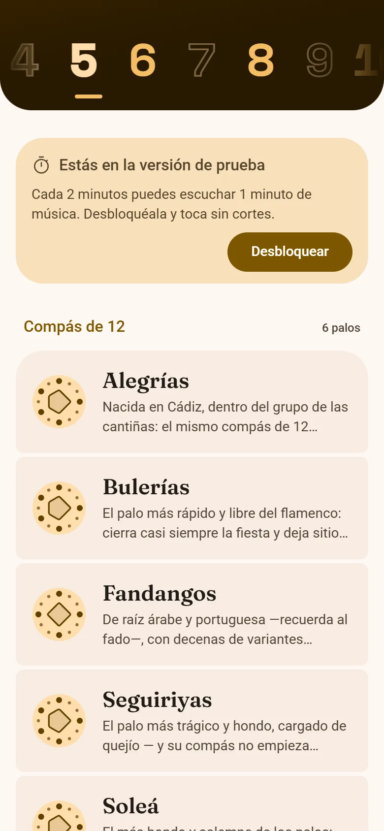 La app en la versión de prueba: la tarjeta que dice cuánto se puede escuchar, y los palos agrupados por compás