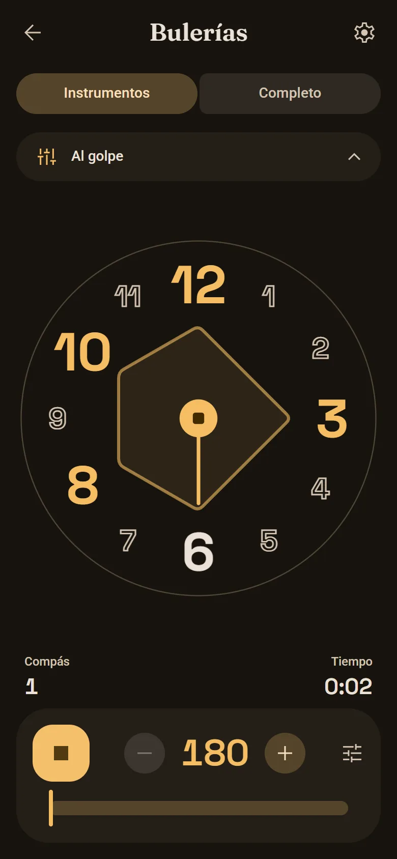 La app sonando por bulerías: la rueda del compás con los acentos en 12, 3, 6, 8 y 10
