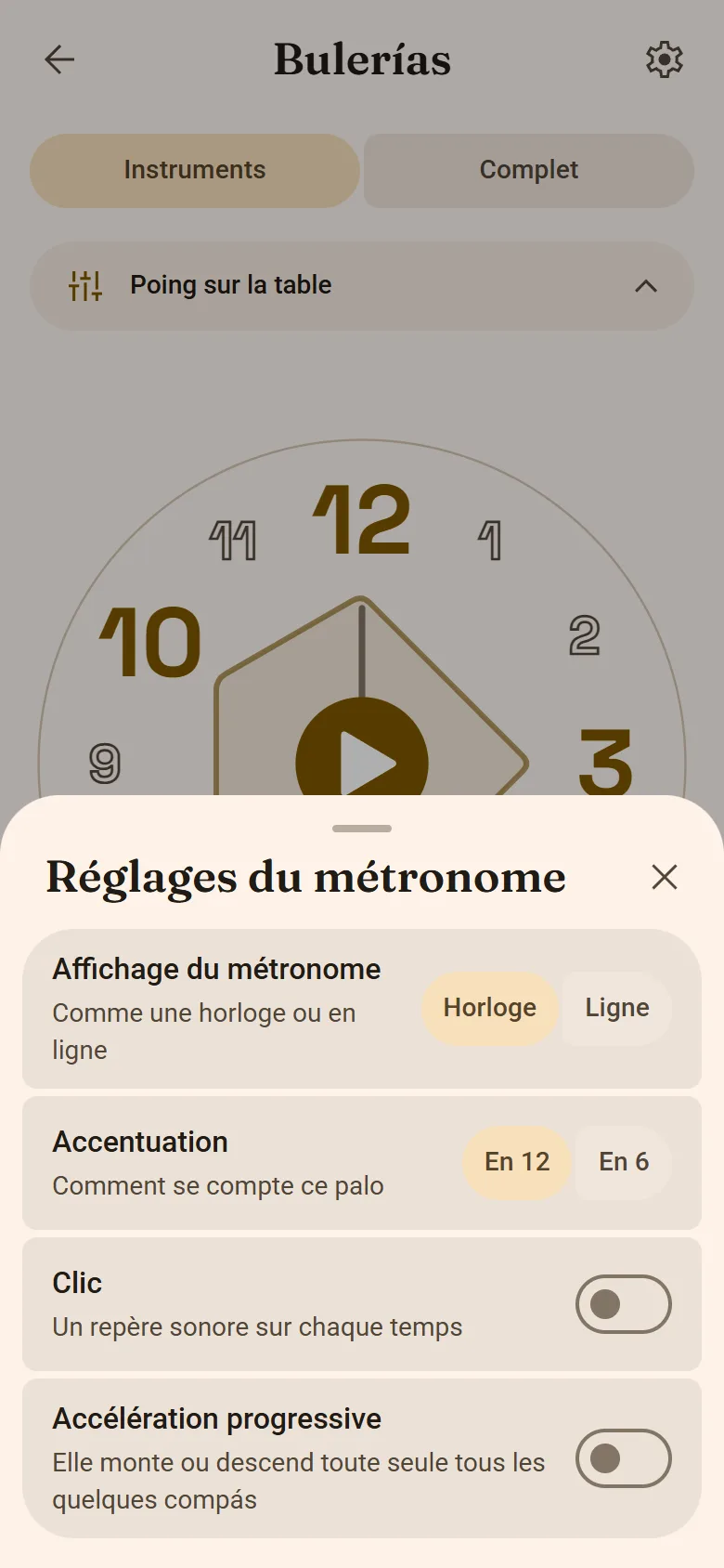 Les réglages du métronome : affichage, accentuation, clic, breaks et accélération progressive
