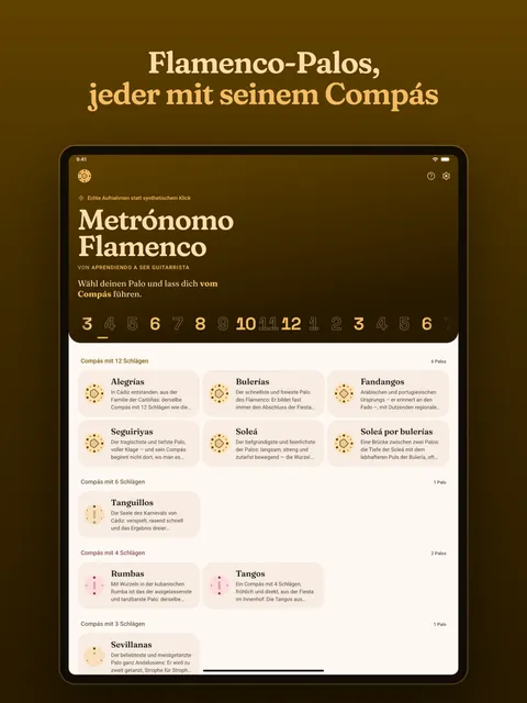 Die Startseite der App, mit den Palos nach Compás gruppiert