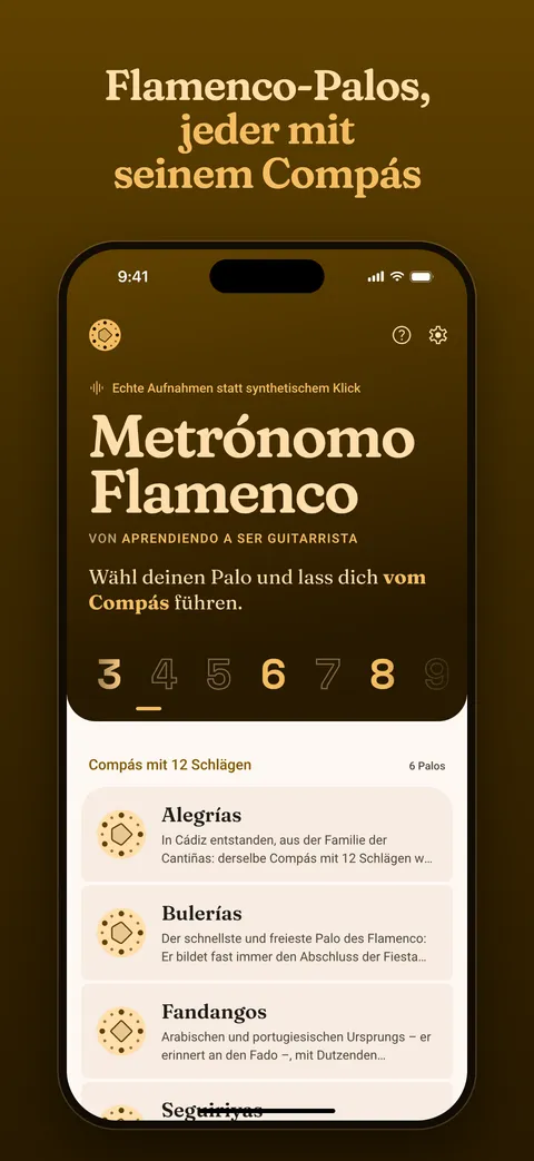 Die Startseite der App, mit den Palos nach Compás gruppiert