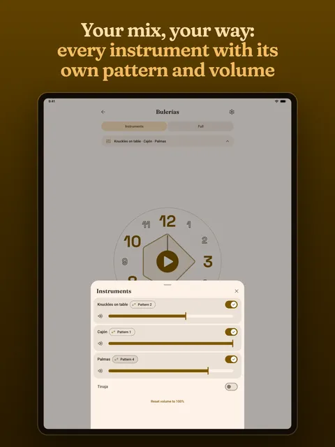 The instruments sheet, each with its own pattern and volume