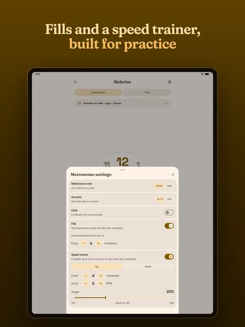 The settings, with fills and the speed trainer