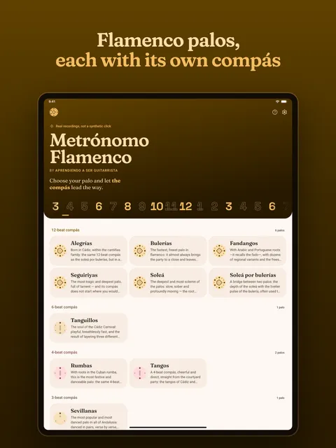 The app’s home screen, with the palos grouped by compás