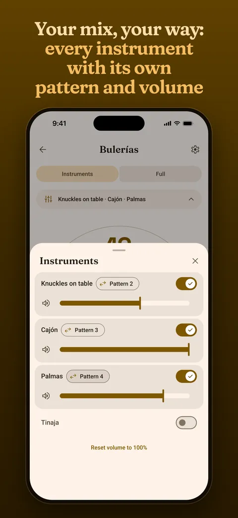 The instruments sheet, each with its own pattern and volume