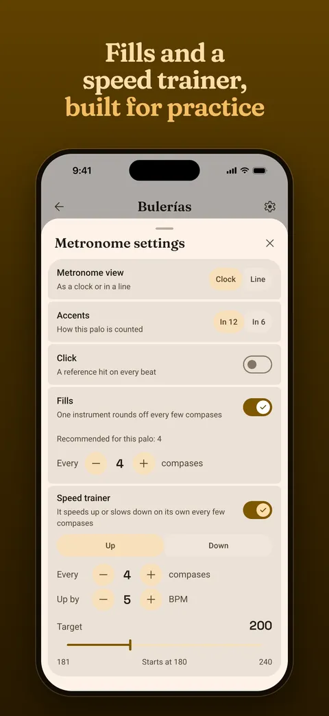 The settings, with fills and the speed trainer
