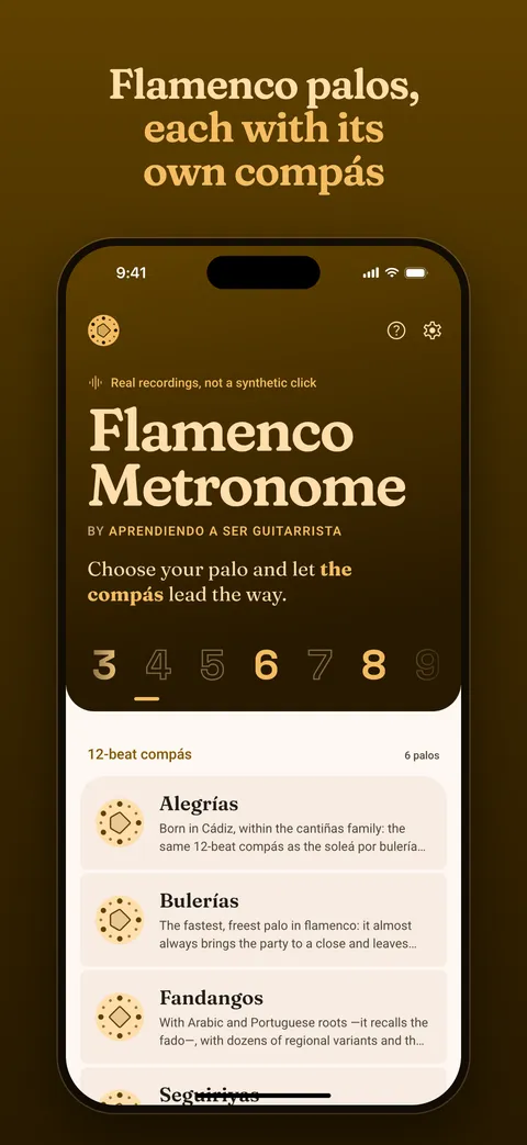 The app’s home screen, with the palos grouped by compás