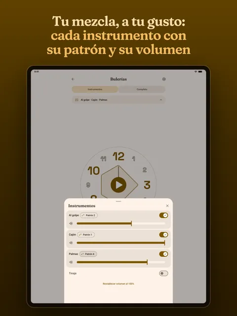 La hoja de instrumentos, cada uno con su patrón y su volumen