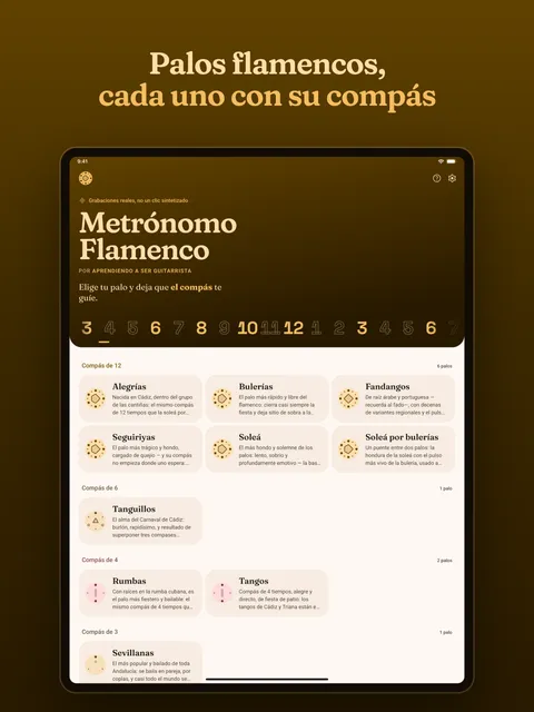 La portada de la app, con los palos agrupados por compás