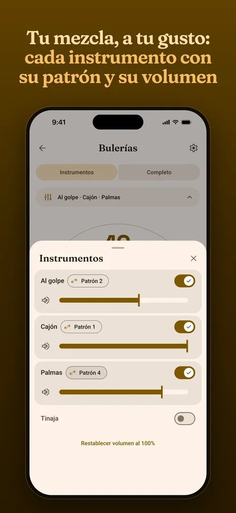La hoja de instrumentos, cada uno con su patrón y su volumen