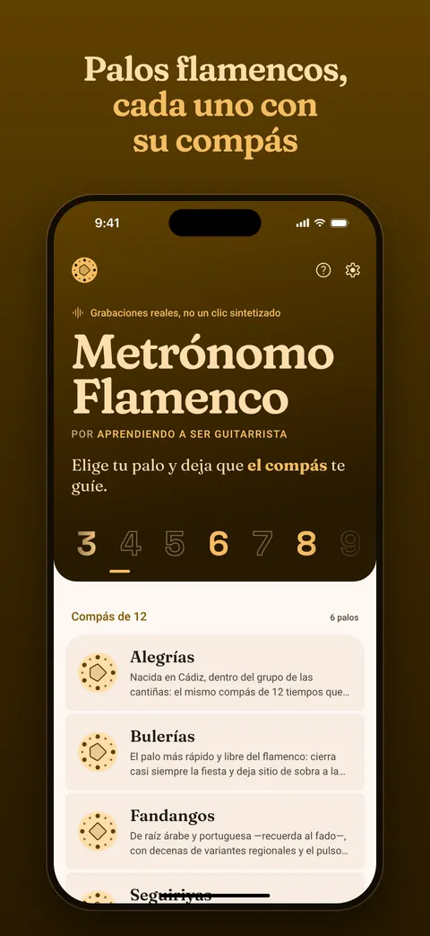 La portada de la app, con los palos agrupados por compás