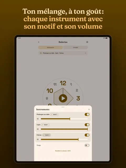 La feuille des instruments, chacun avec son motif et son volume