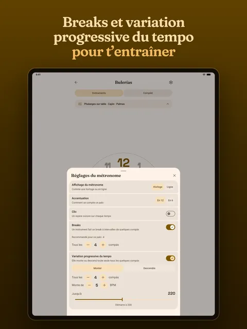 Les réglages, avec les breaks et la variation progressive du tempo