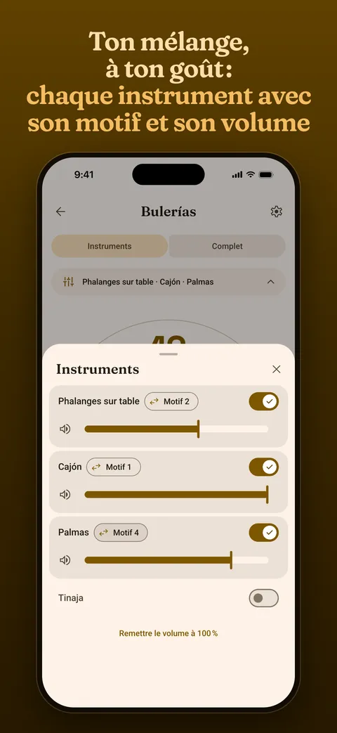 La feuille des instruments, chacun avec son motif et son volume