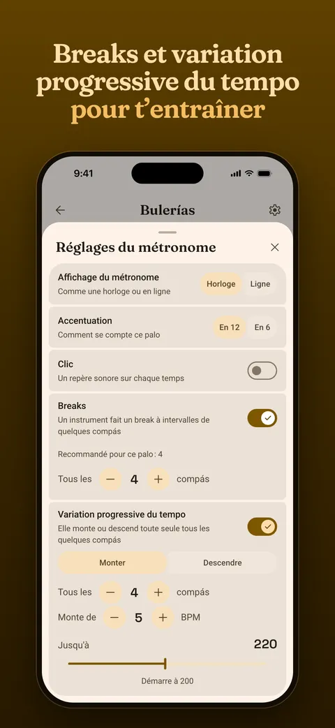Les réglages, avec les breaks et la variation progressive du tempo